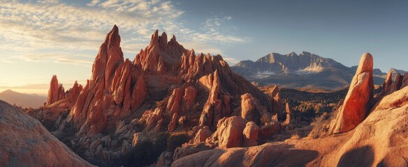Red rock formations dominate the landscape at sunset, with a distant mountain range under a partly cloudy sky