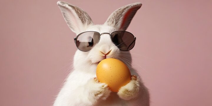 A white rabbit in sunglasses holds a large, pale-yellow egg against a muted pink background