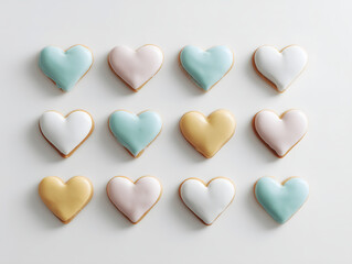 Fototapeta premium Pastel Heart-Shaped Cookies Arranged on White Background