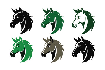 Horse head six different icons set silhouette on white background
