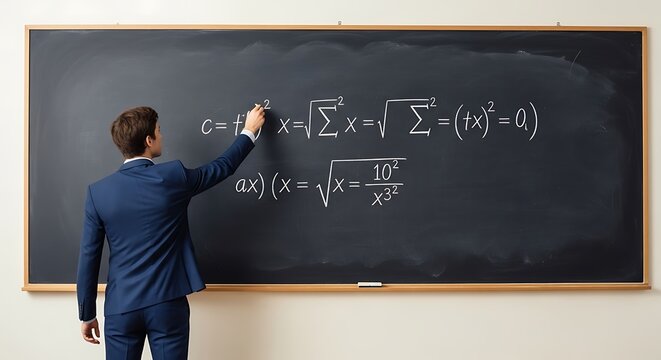 Professional educator solving complex mathematical equations on a traditional dark blackboard with white chalk.