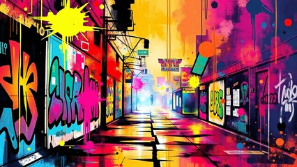 Fototapeta premium Vibrant graffiti alleyway with neon lights and reflections