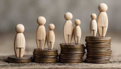 Wooden Figures on Coin Stacks: Family Wealth Growth Concept, Financial Planning, Investment Success