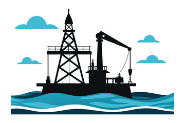 A black silhouette of an offshore oil rig platform with derricks on a white background