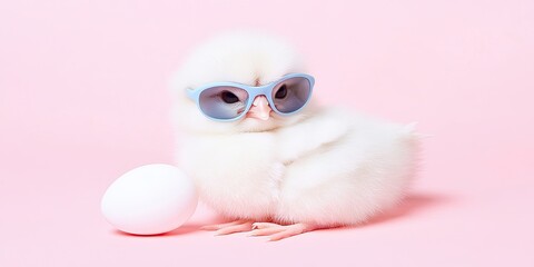 Obraz premium Fluffy white chick wearing light blue sunglasses sits beside a white egg against a pink background