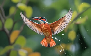 Naklejka premium Kingfisher bird flying with water droplets trailing