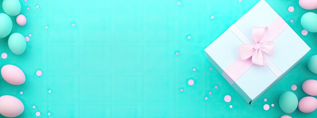 Pastel pink & mint eggs frame a light blue gift box on a teal background, confetti scattered
