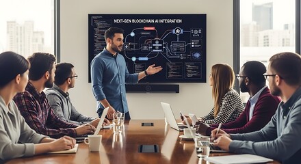 Businessman leads team meeting, presenting blockchain strategy on large screen.