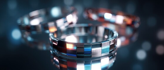 Three futuristic rings with square tiles on a reflective surface