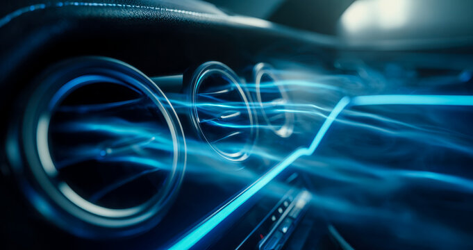Futuristic car dashboard with illuminated controls and airflow.