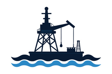 A black silhouette of an offshore oil rig platform with derricks on a white background