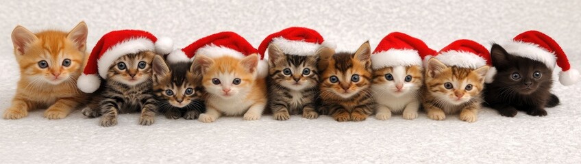 Eight adorable kittens in Santa hats line up on a fluffy white surface for a festive Christmas image