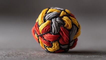 Woven Knot Sphere in Red, Yellow, and Grey, Bound by Black Cord