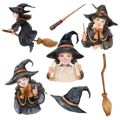 elements vector of witch hand drawn watercolor isolated on transparent background.