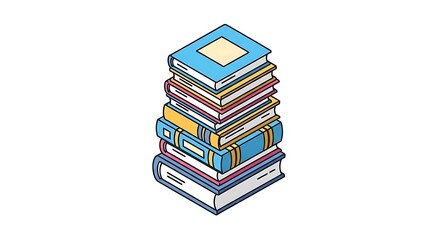 A stack of colorful books with different sizes and colors on a white background illustration