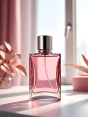 Pink perfume bottle product photography on white table by window luxury fragrance beauty shot
