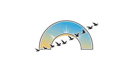 Modern graphic of black bird silhouettes flying through a stylized arch with a sunrise gradient and sun rays.