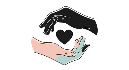 Stylized black and multicolored hands in a circular gesture of care protecting a black heart.