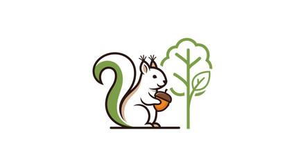 A stylized white squirrel with a large green tail holding an acorn standing beside a minimalist green tree logo.
