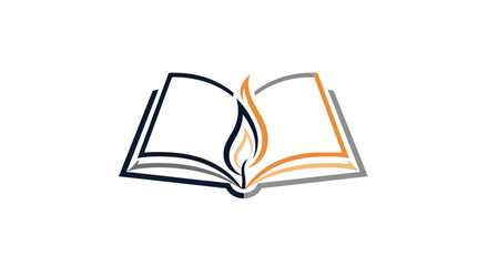 Minimalist open book icon with a central flame rendered in black orange and grey outlines.