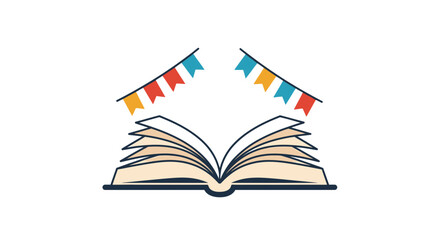 Stylized open book illustration with colorful festive bunting flags forming a roof shape.