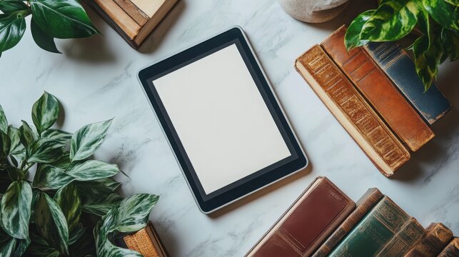 E-book reader rests on a sleek modern desk, featuring a blank screen. It is thoughtfully arranged with open books and potted plants, creating a serene, inspiring atmosphere for reading.
