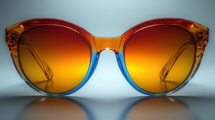 Stylish sunglasses featuring rainbow-reflective lenses are showcased on a pristine white background. The abstract reflections and clarity emphasize the vivid colors and modern design.