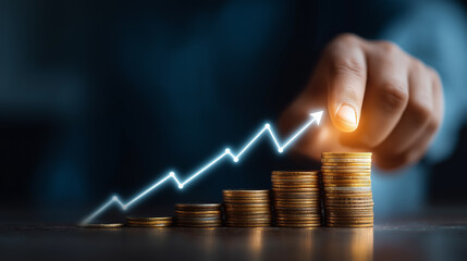Businessman hand touch glowing coin stack graph arrow bar.