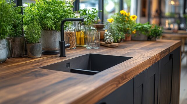 Close-up view of undermount black sink with walnut countertop in modern minimalist kitchen design