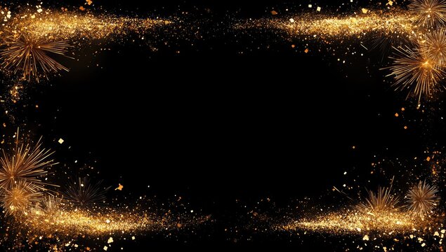 Golden glitter streaks form a frame on a black background, resembling fireworks or sparkling trails, leaving a central empty space - Powered by Adobe