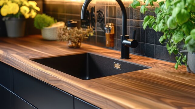 The image captures a close-up of a sleek undermount black sink integrated into a walnut countertop, enhancing the minimalist aesthetic of the kitchen design with fresh plants and oranges.