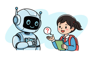 AI in Education. A friendly AI robot is ready to help a smiling student with her question. The illustration represents the concept of AI as an interactive and supportive tutor in education.