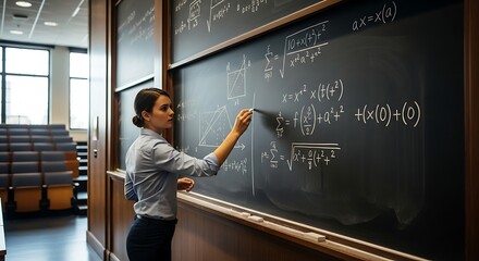 A female professor writes complex mathematical equations on a large chalkboard in a university lecture hall.