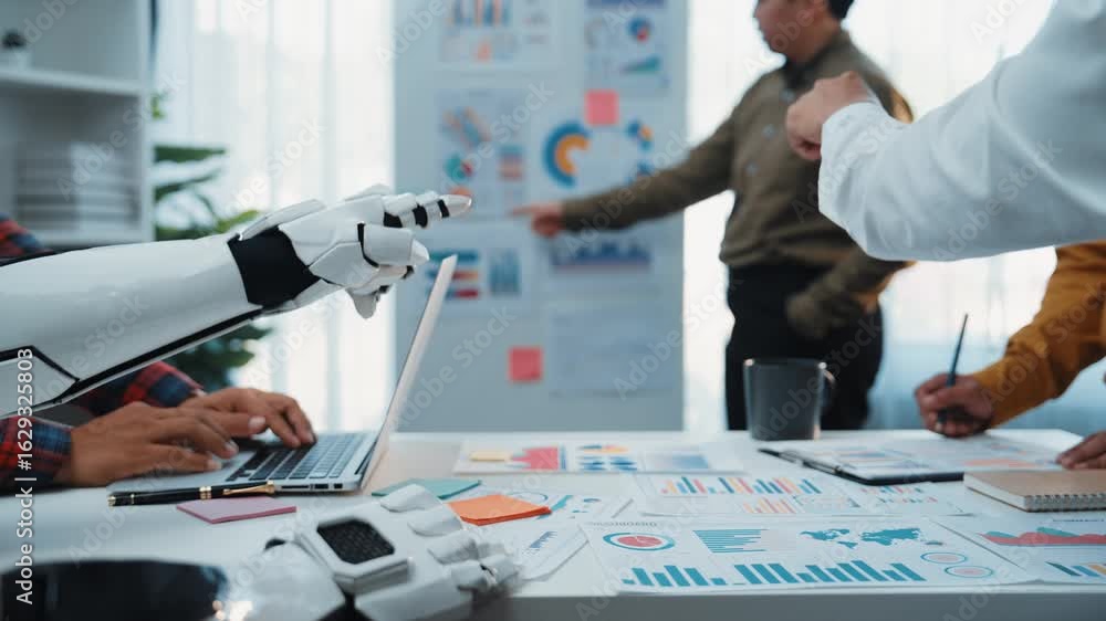Poster a modern business space where consultants and ai tools work in tandem to generate data-driven soluti