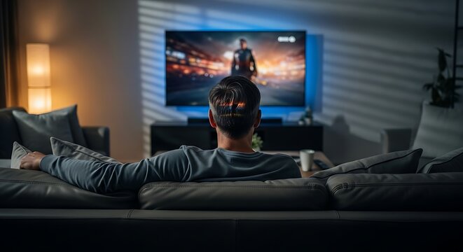 A man relaxes on a couch in his living room, playing an action video game on a large screen television.