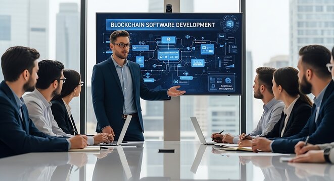 Businessman presenting blockchain software development to attentive colleagues in modern office.