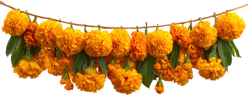String of marigold garlands hanging, isolated on white Onam, Pongal, Diwali festive decor, hanging flowers, decoration - Powered by Adobe