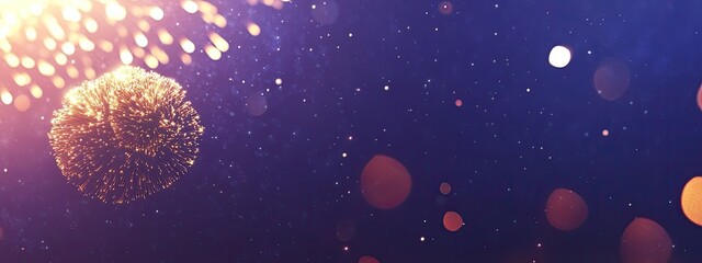 Golden orb amidst bokeh and sparkling light trails on a deep purple background