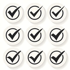 Nine check mark icons in circles isolated on white background