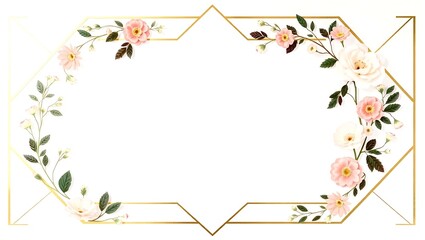 Art deco inspired wedding floral border with geometric gold and minimal florals, center reserved for text