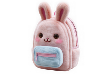 Cute fluffy pink bunny backpack with blue pocket isolated on transparent background