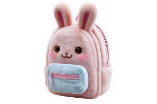 Cute fluffy pink bunny backpack with blue pocket isolated on transparent background