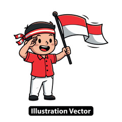Patriotic Indonesian boy cartoon character saluting with the national flag vector illustration