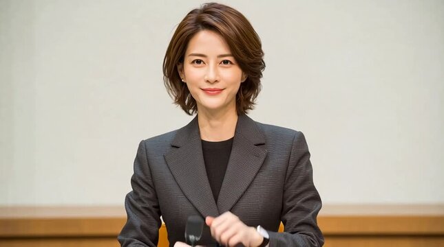 Asian anchorperson leans on the table holding a mic while being on a broadcast