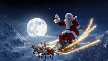 Santa Claus rides his sleigh with reindeer through a snowy night under a full moon - Powered by Adobe