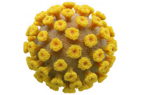 Detailed 3d rendering of a yellow virus particle with spike proteins isolated on transparent background