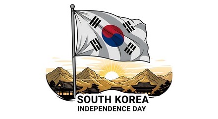 South Korea Independence Day celebration with the national flag waving over a traditional landscape with mountains and a sunrise.