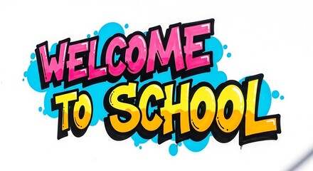 Welcome to school text in pink and yellow with blue accents on a white background image art