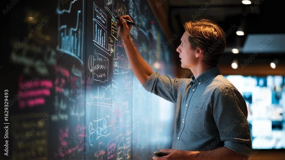 Poster brand manager takes notes while viewing marketing trends and customer insights displayed on a projec