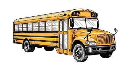 A detailed illustration of a classic yellow school bus on a white background in a cartoon style